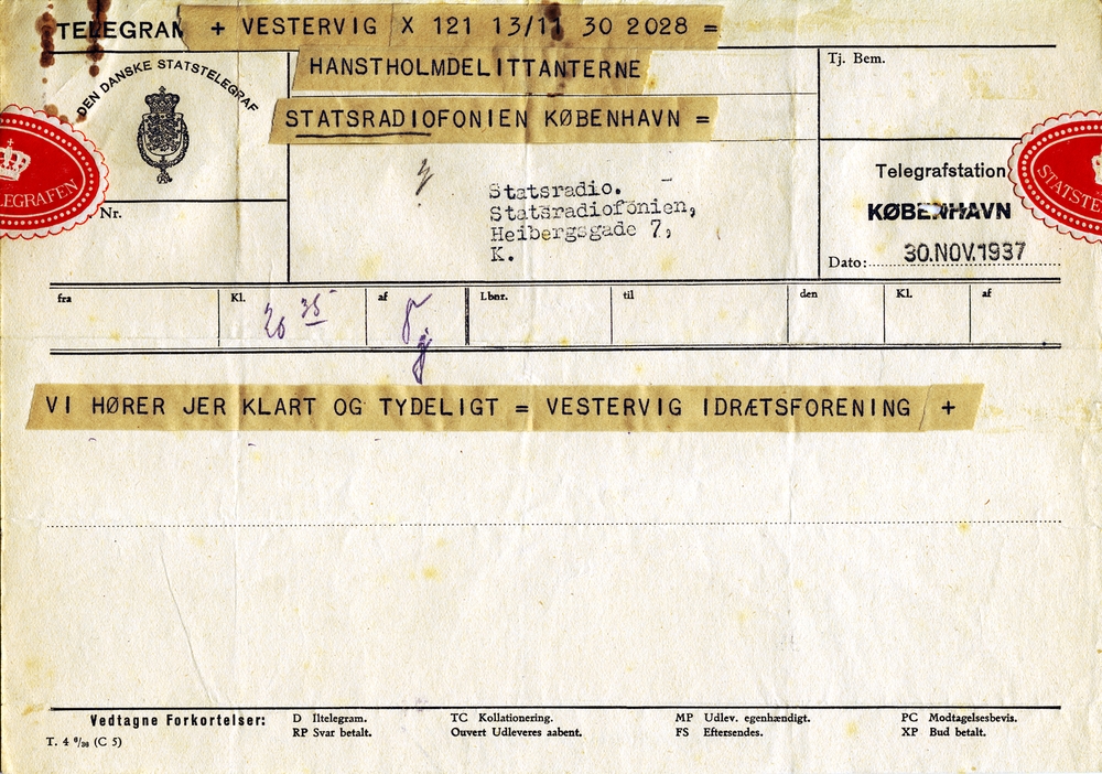 Diletant telegram fra Vestervig 30.11.1937 lille